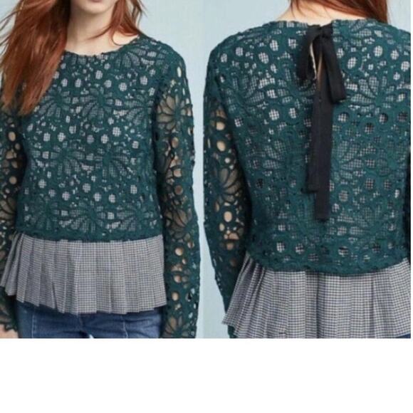 English Factory Anthropologie Forest Green Lace B/W Gingham Blouse Top L NWT - Picture 1 of 6